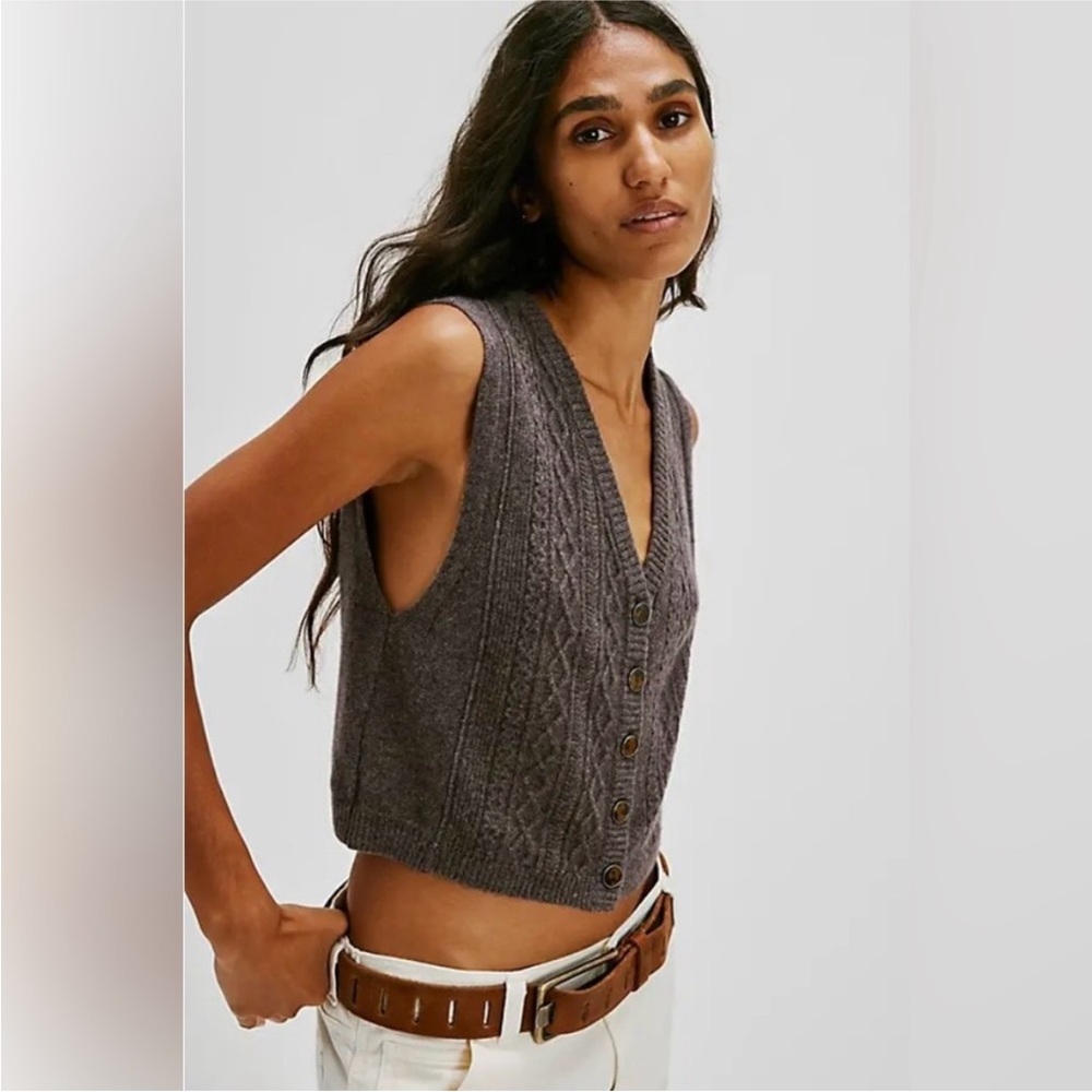 Free People Gray Cable Knit Button-Up Crop Vest